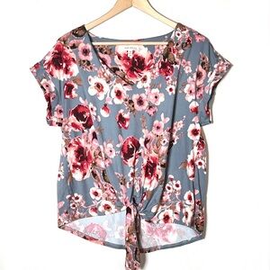 Faith and Joy super soft v-neck gray pink floral top shirt blouse medium M B192